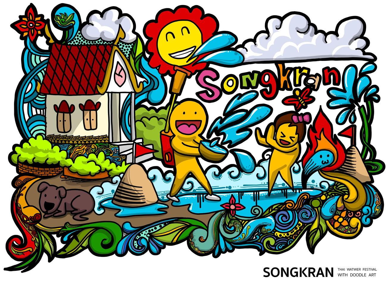 doodle del festival songkran vector