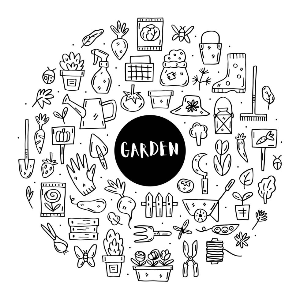 Gardening doodle line art set of elements vector