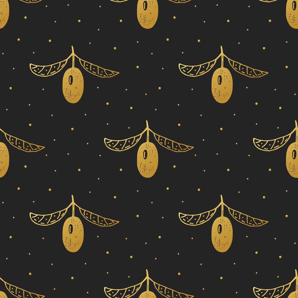Golden olive fruit, branch hand drawn seamless pattern vector