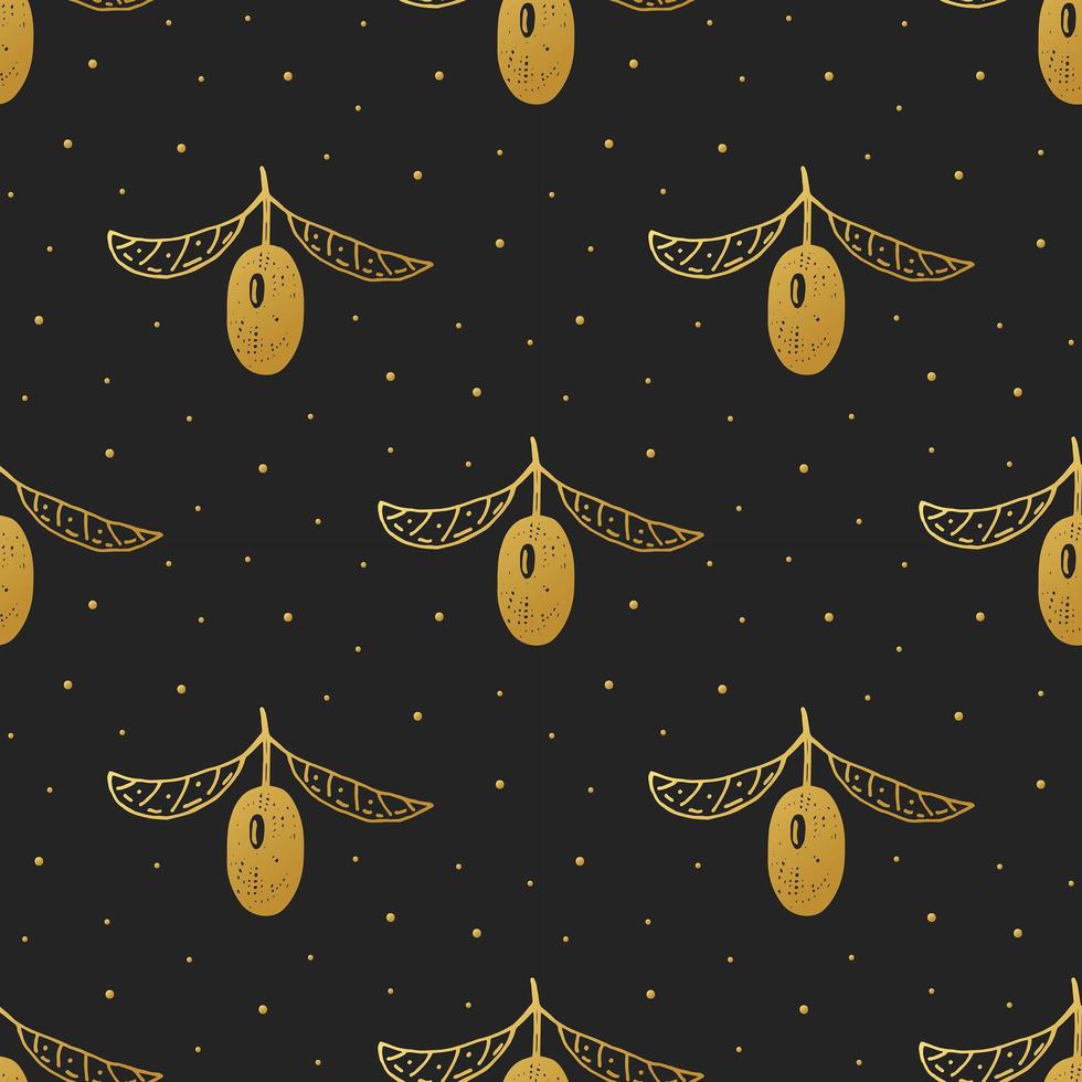 Golden olive fruit, branch hand drawn seamless pattern vector