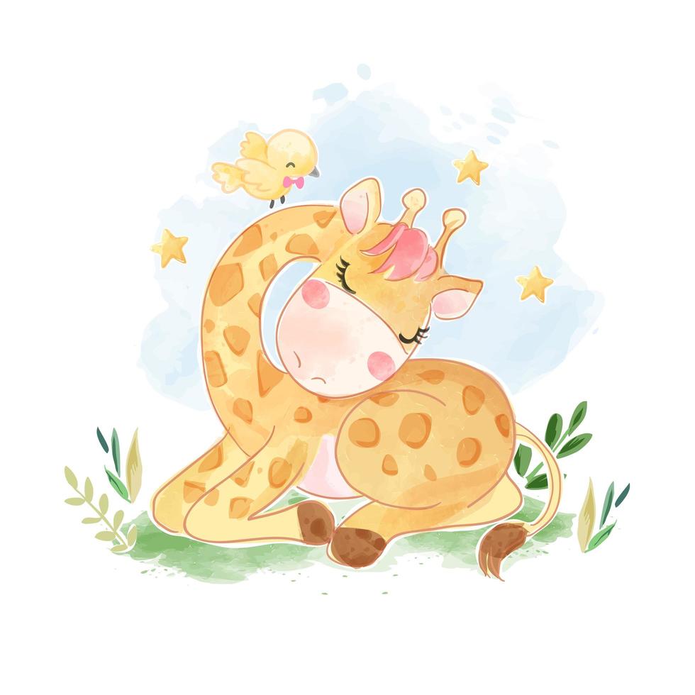 Cartoon Giraffe Sleeping with Yellow Little Bird  vector