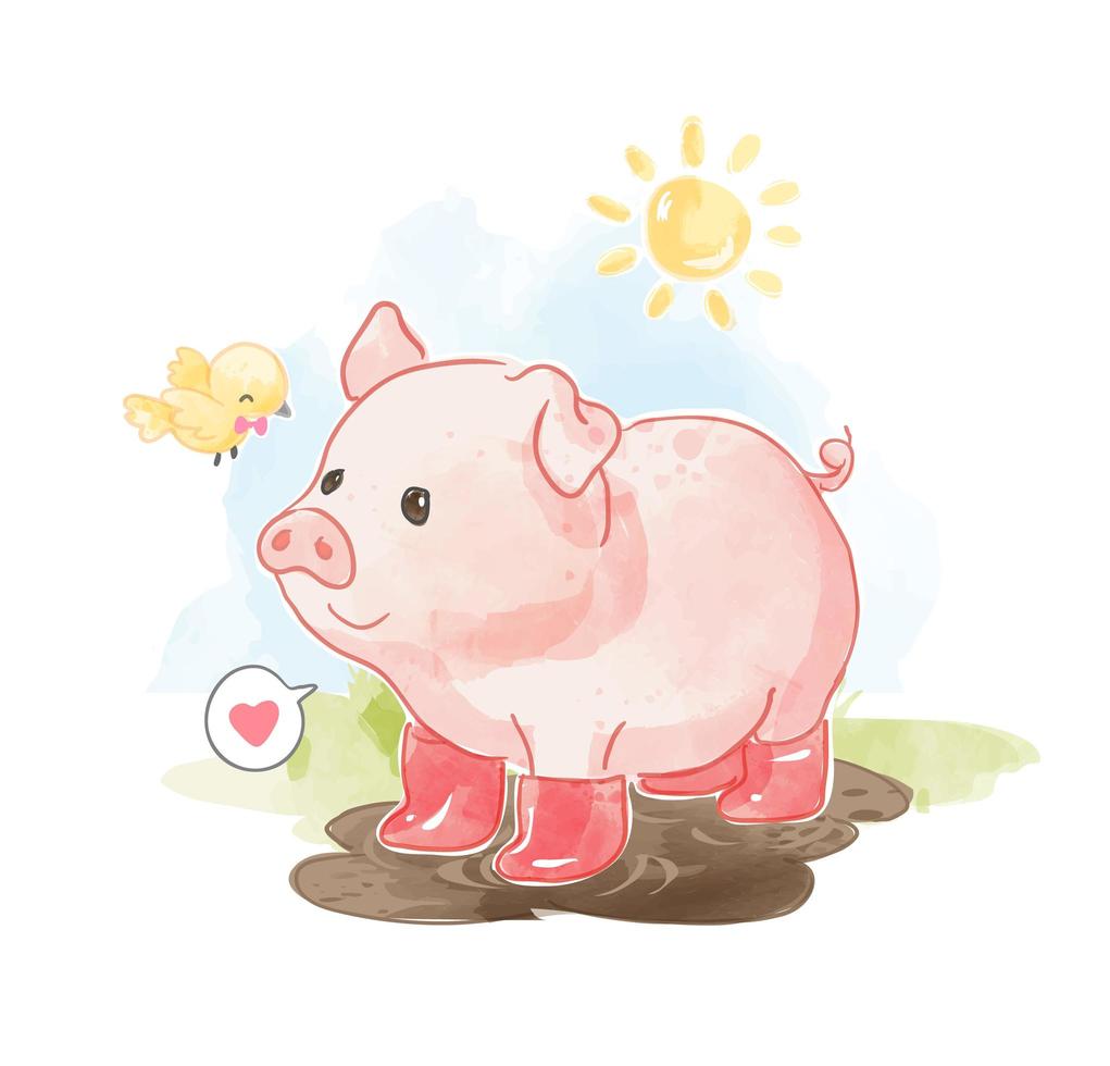 Little Cute Pig in Boots with Little Bird vector