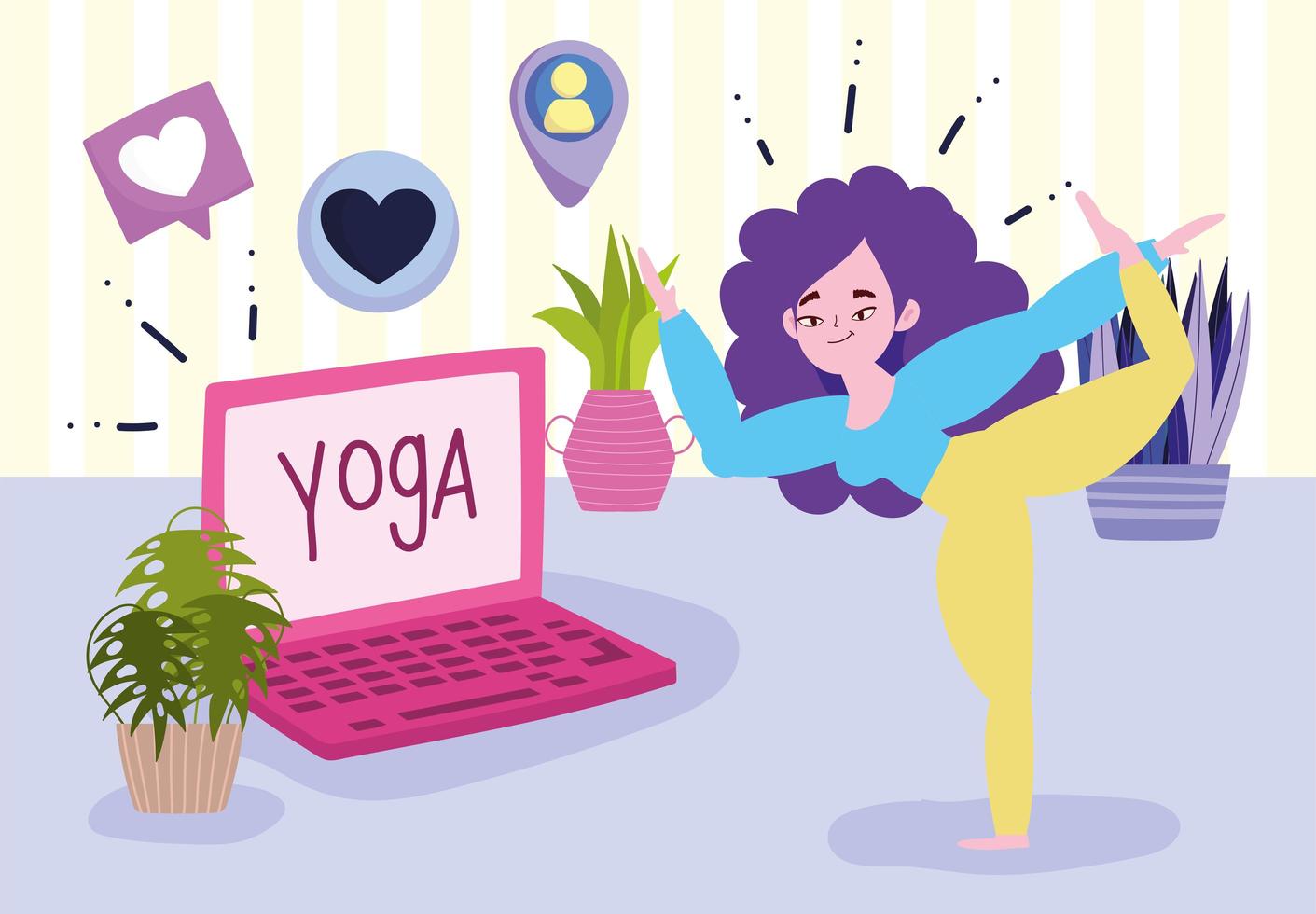 Young woman in yoga pose laptop in room vector