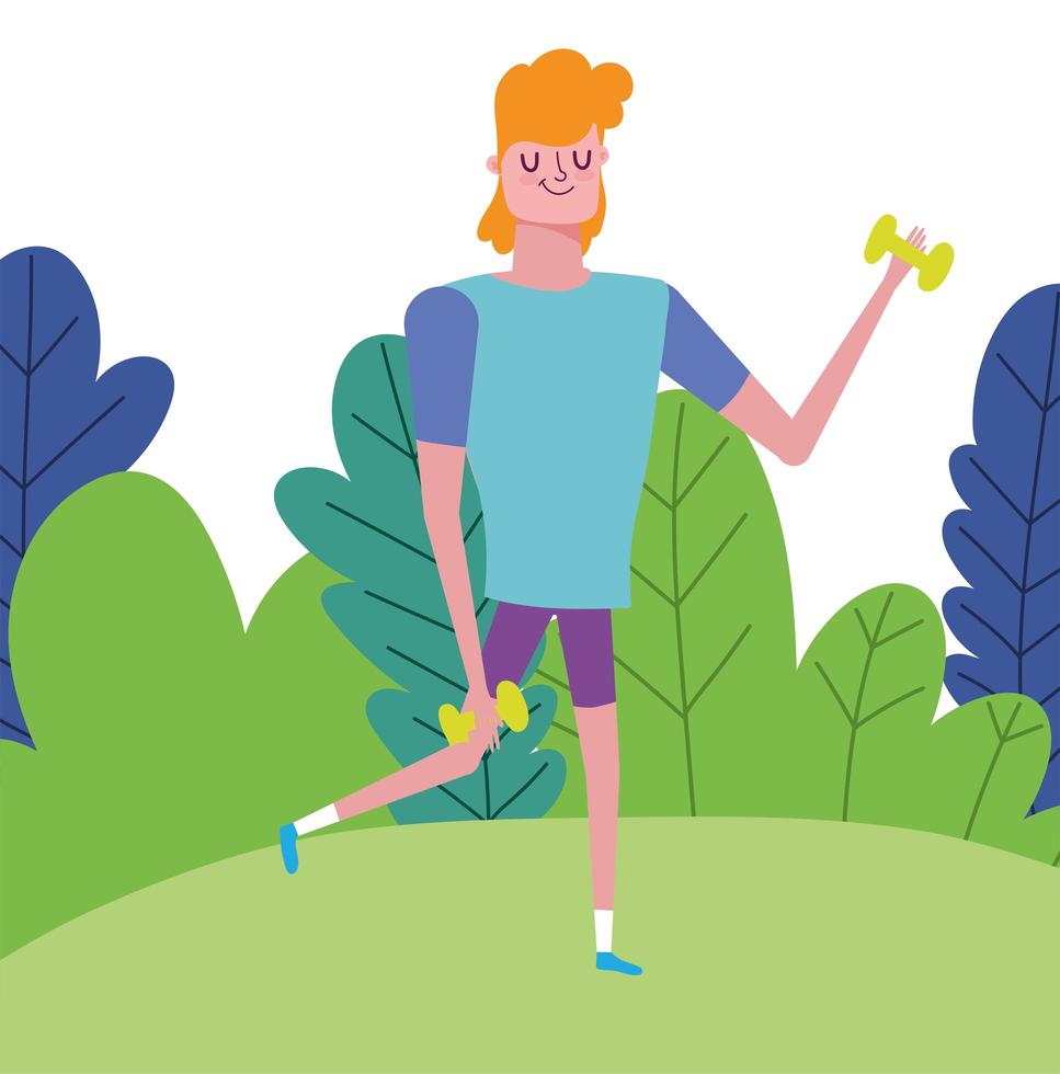 Young man with dumbbells outdoor  vector