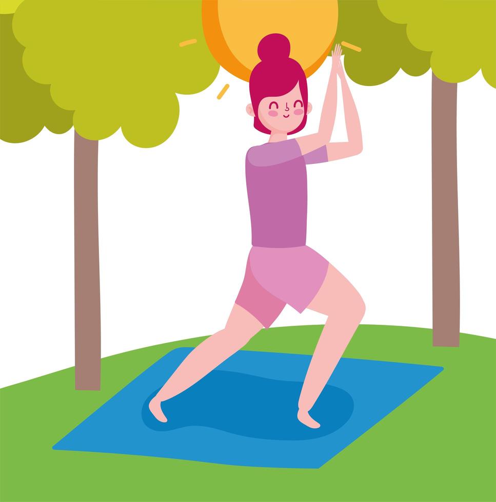 mujer joven practicando yoga al aire libre vector