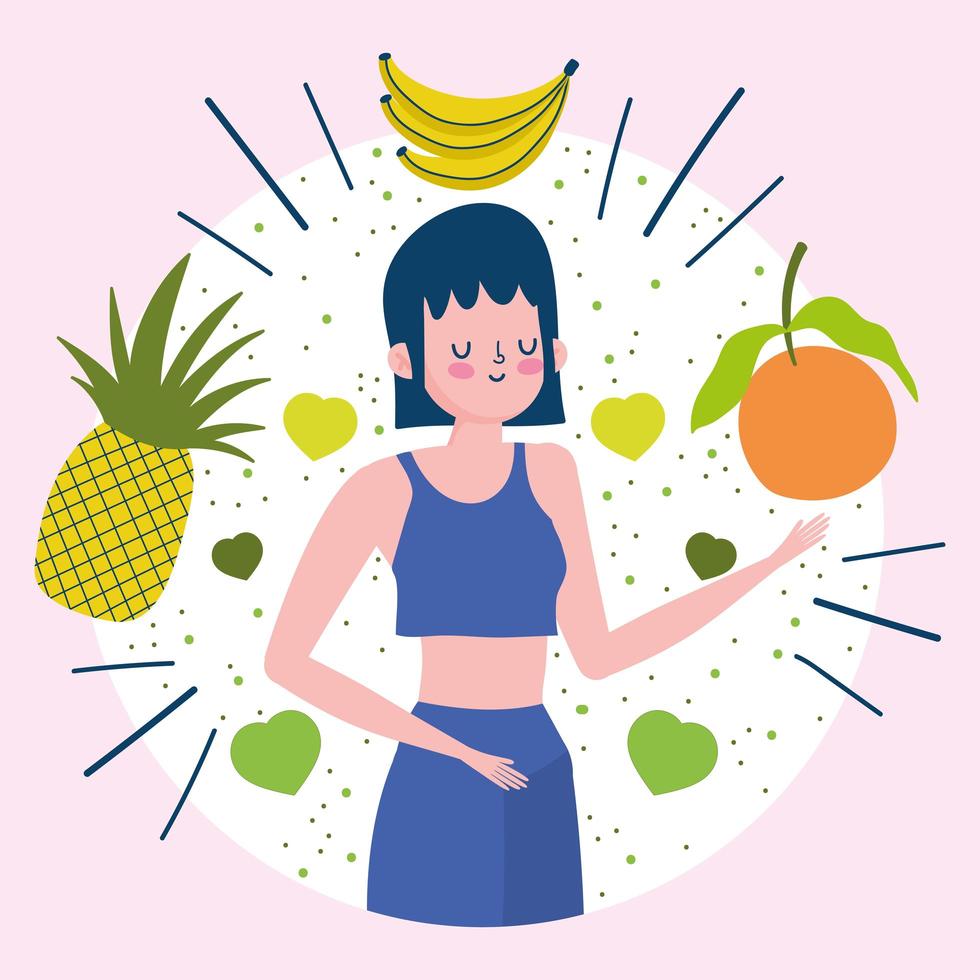 mujer joven con frutas tropicales vector