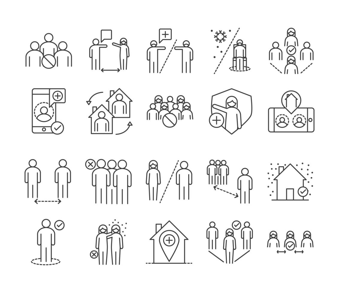 Social distancing prevention line style icon set vector