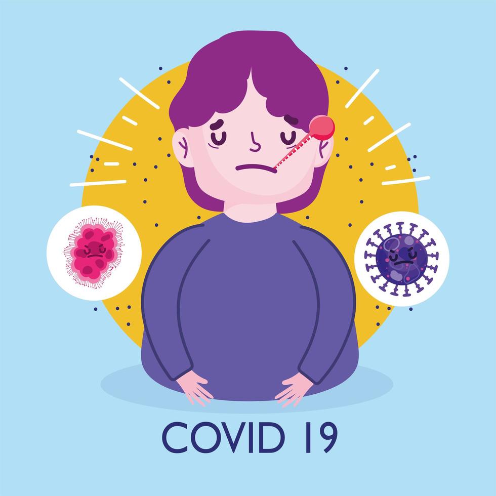 cartel de pandemia de virus covid 19 con un joven enfermo vector