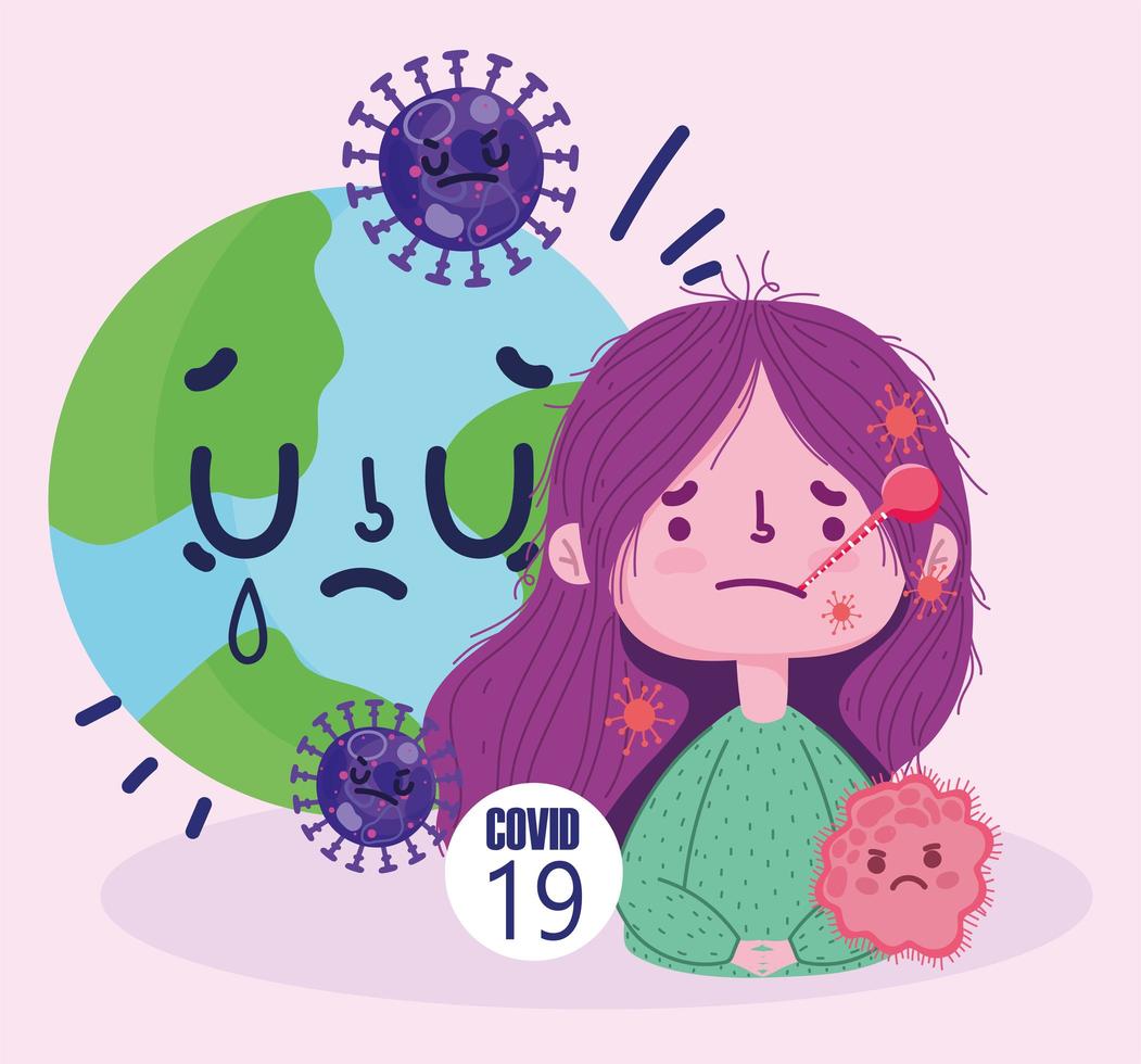 Covid 19 virus pandemic with girl with thermometer  vector