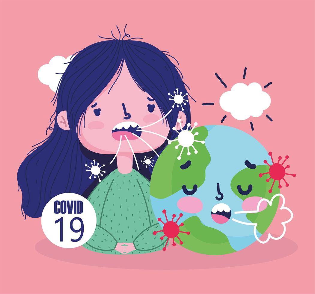 Covid 19 virus pandemic with girl and sick world  vector