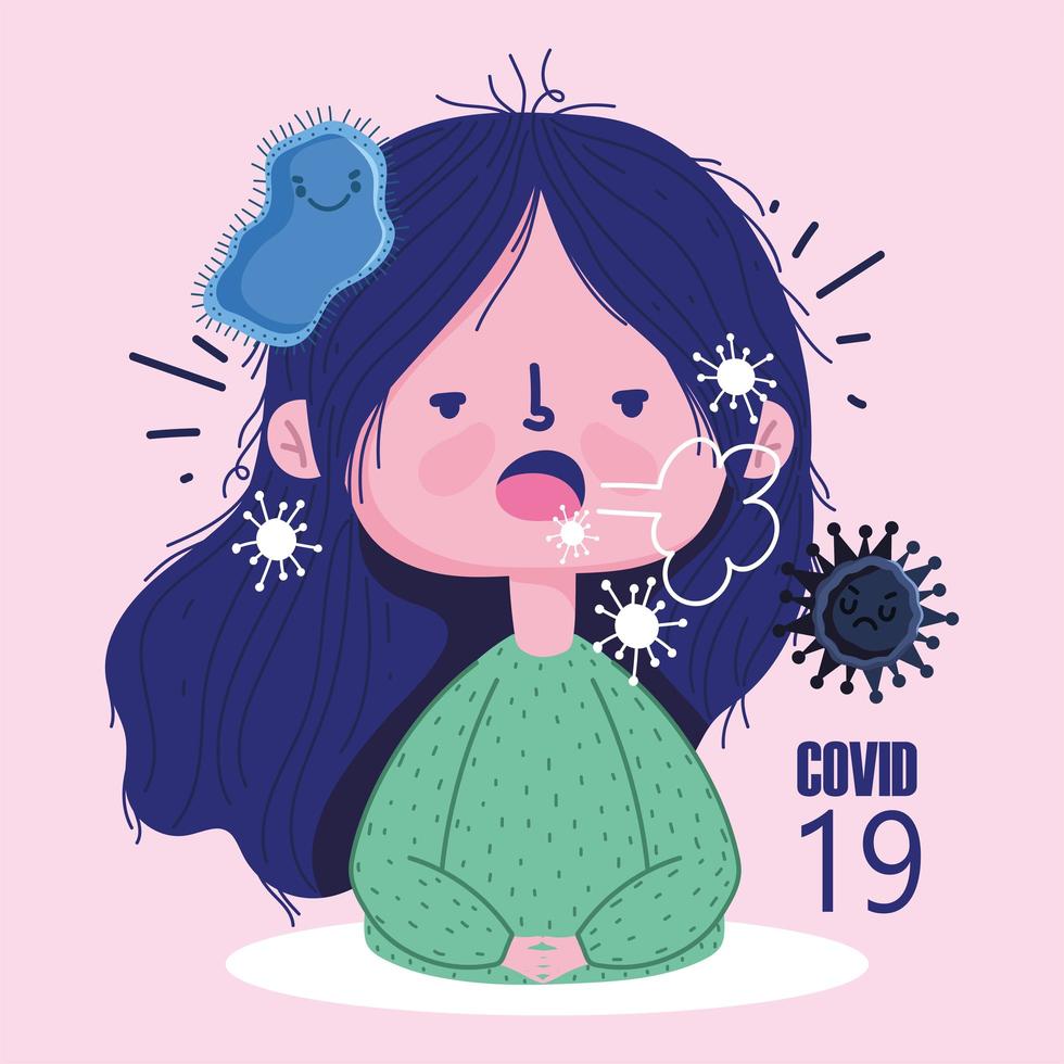 Covid 19 virus cartoon with sick girl coughing  vector