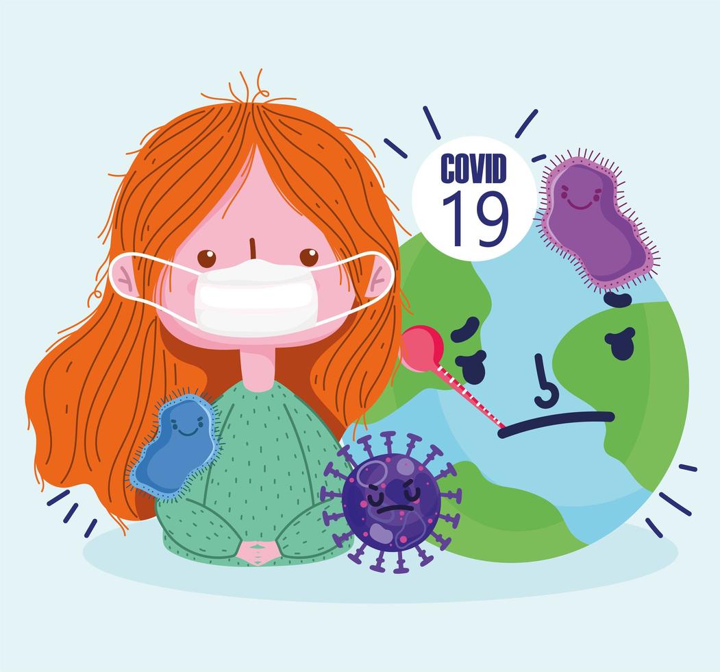 Covid-19 design with masked woman and world with thermometer vector