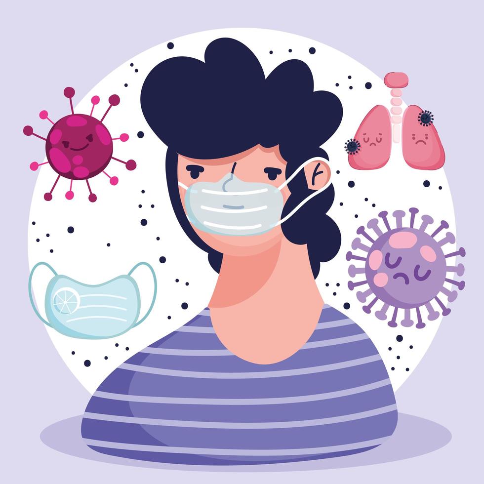 Covid 19 pandemia de dibujos animados con máscara protectora pulmonar enfermo vector
