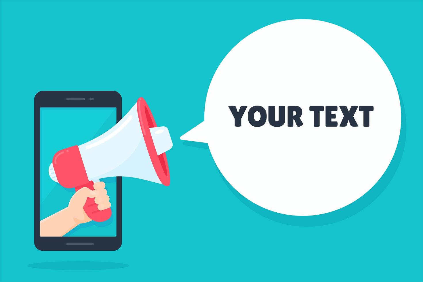 Hand holding a megaphone sticking out of smartphone  vector