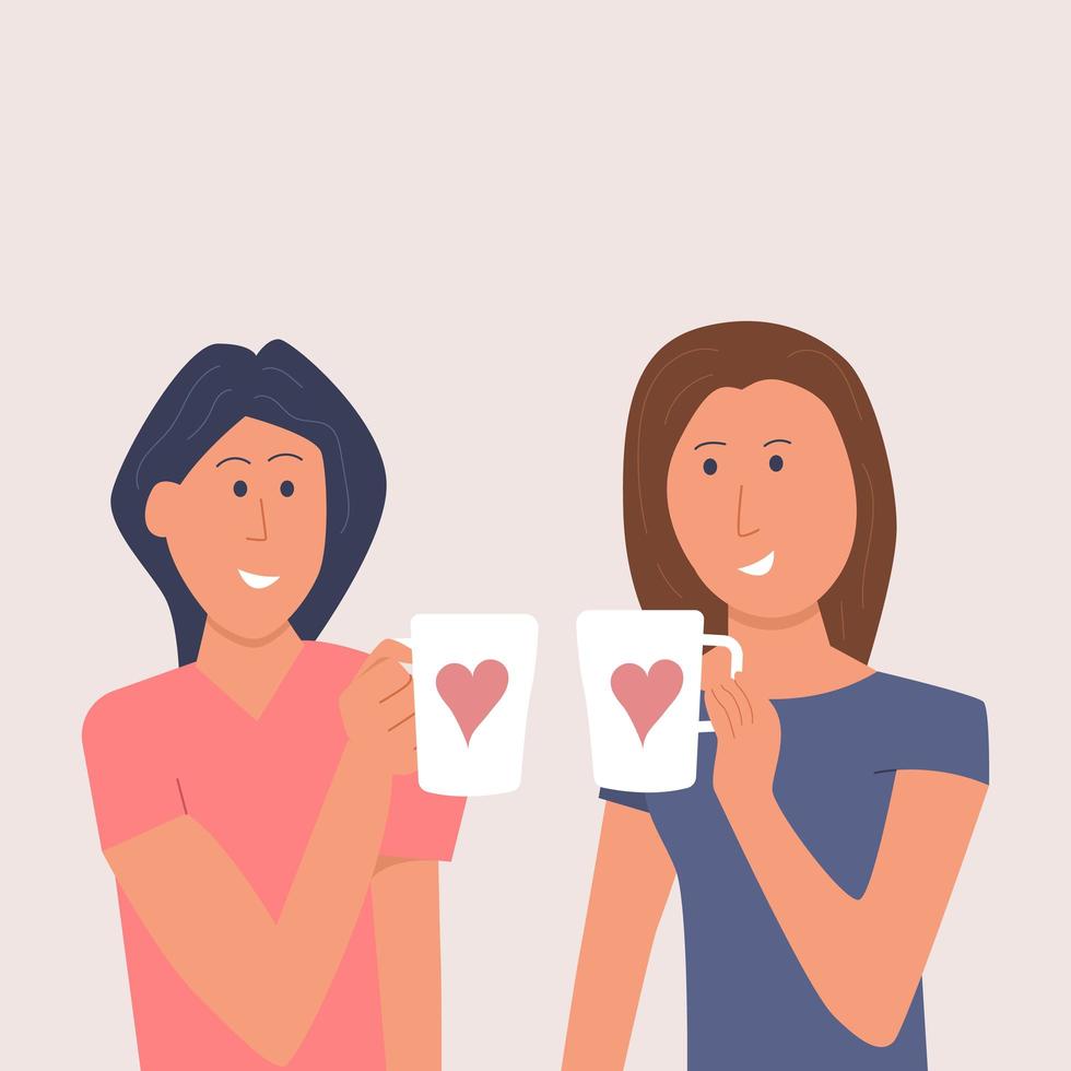 Two happy girls drink coffee together vector