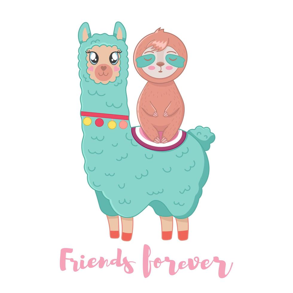 Cute fluffy cartoon llama and sloth vector