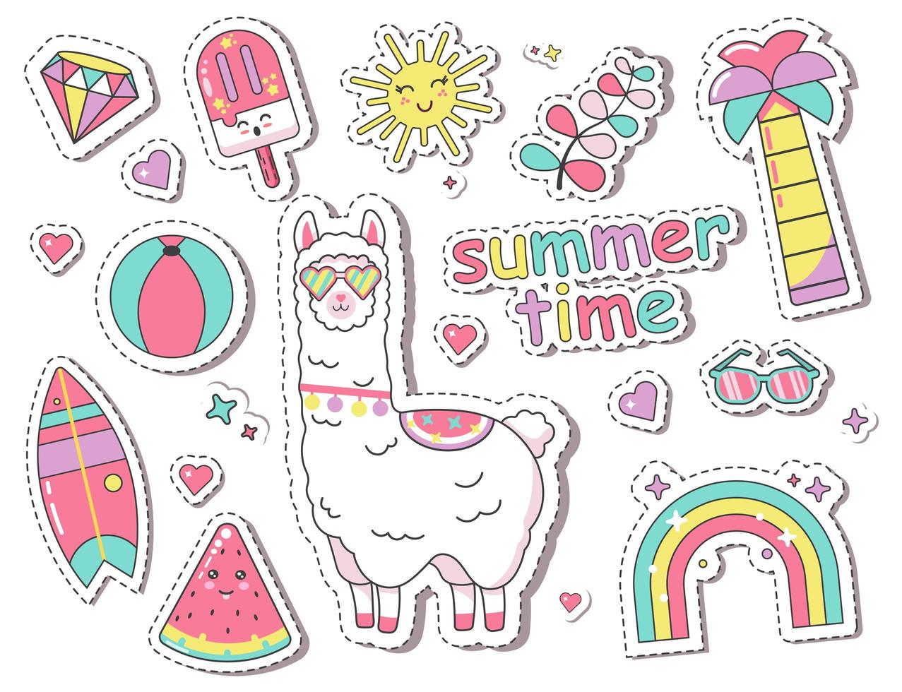 Badges ir stickers with cute llama, rainbow vector