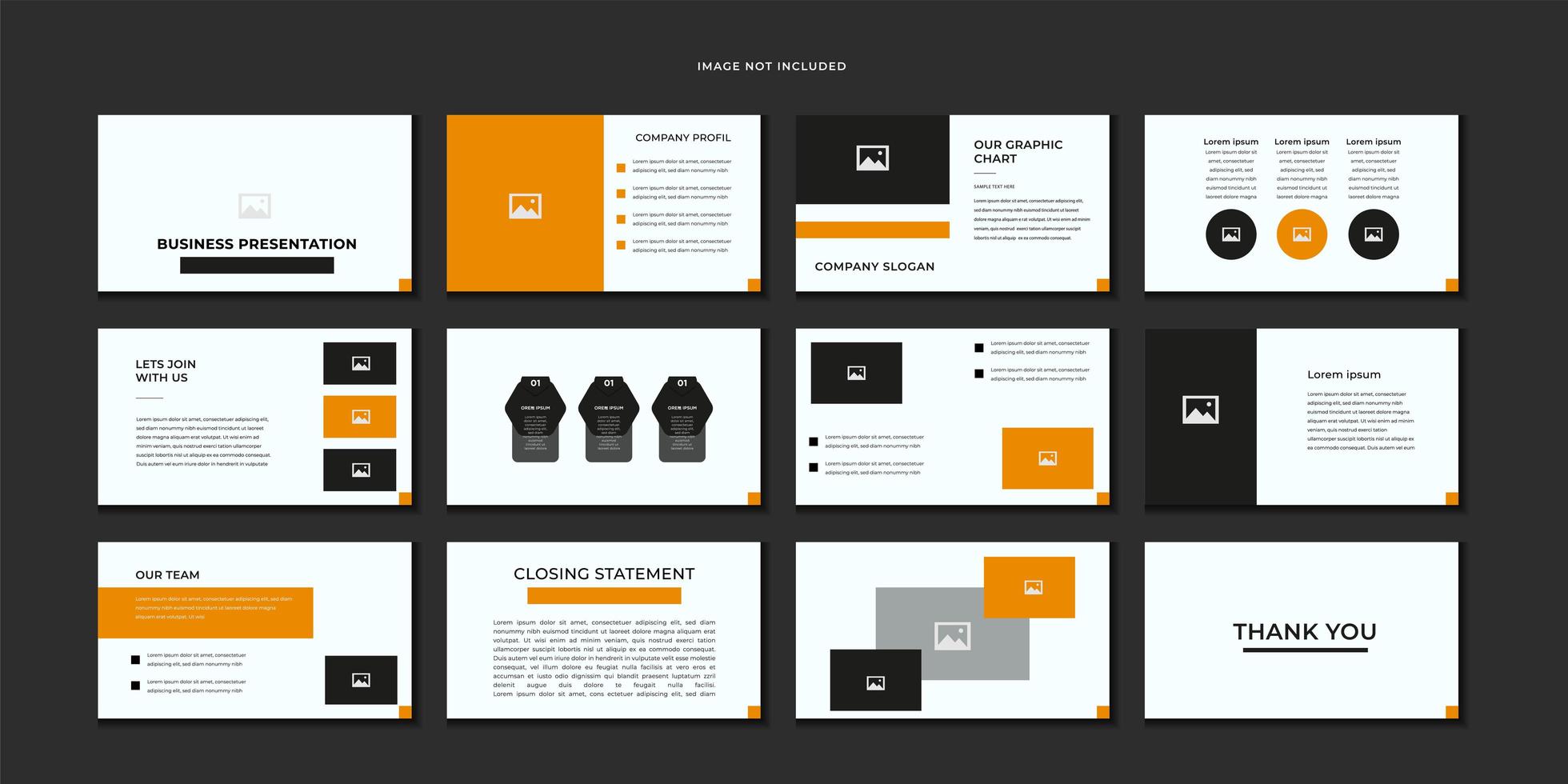 conjunto de plantillas de diapositivas de negocios naranja, blanco y negro vector
