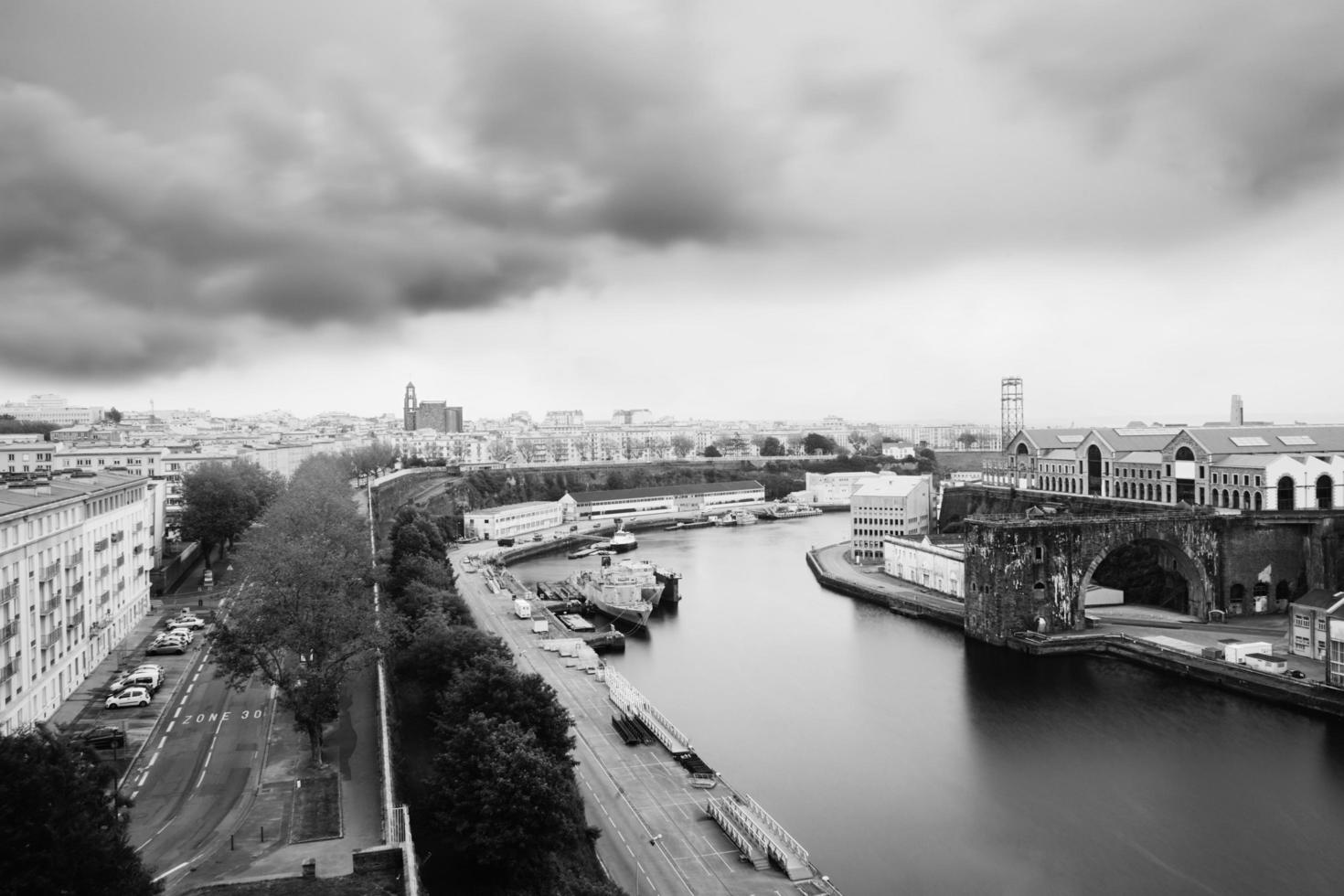 Aerial view of river and city photo