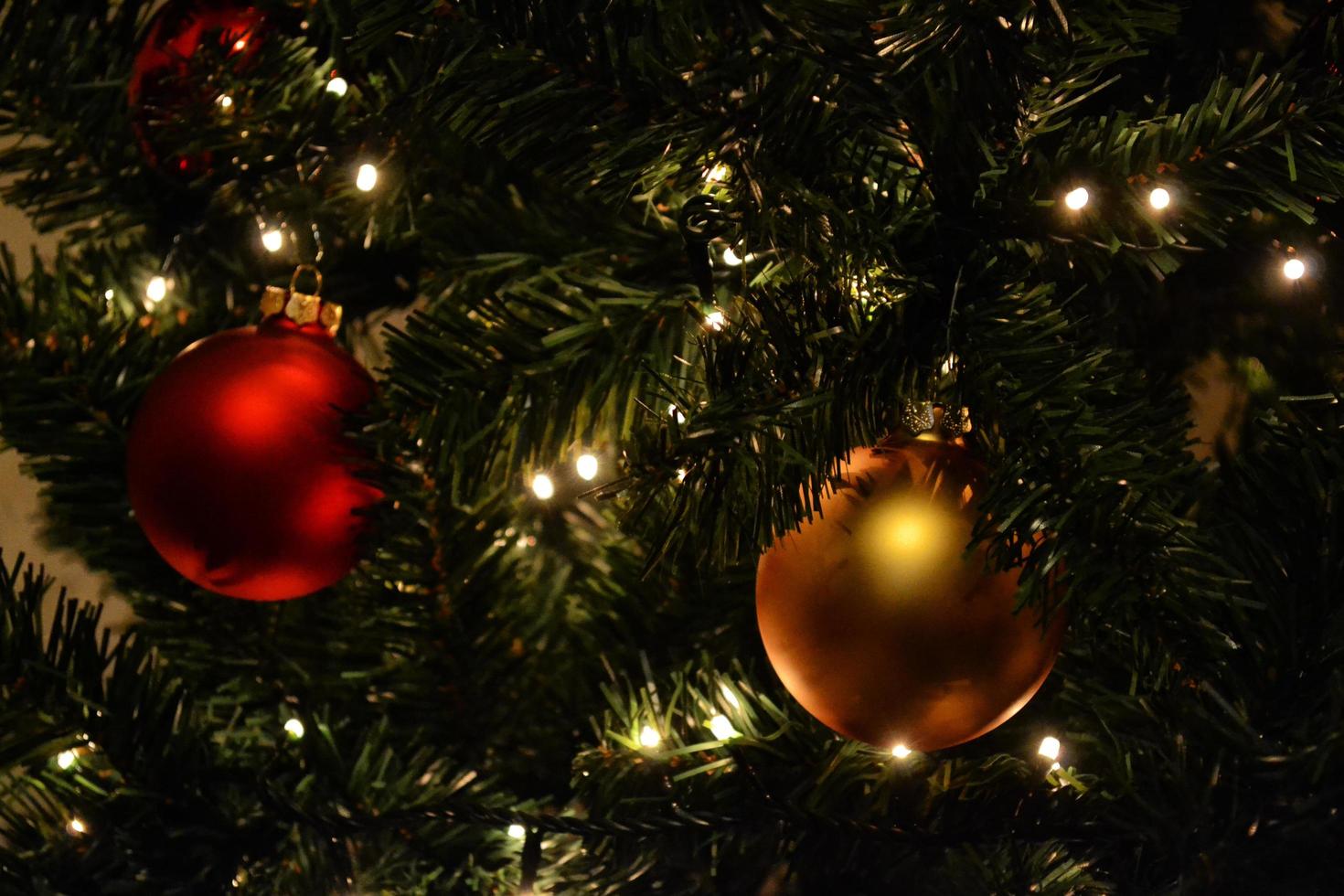 bombillas de oro y rojo en el árbol de navidad foto