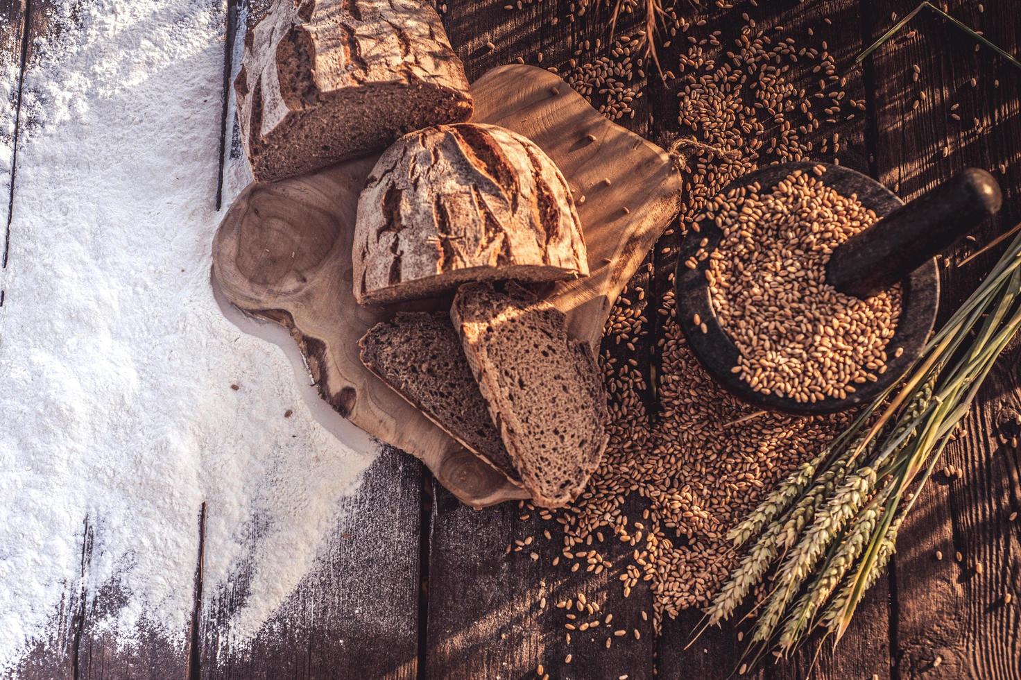 Top view of table with bread photo