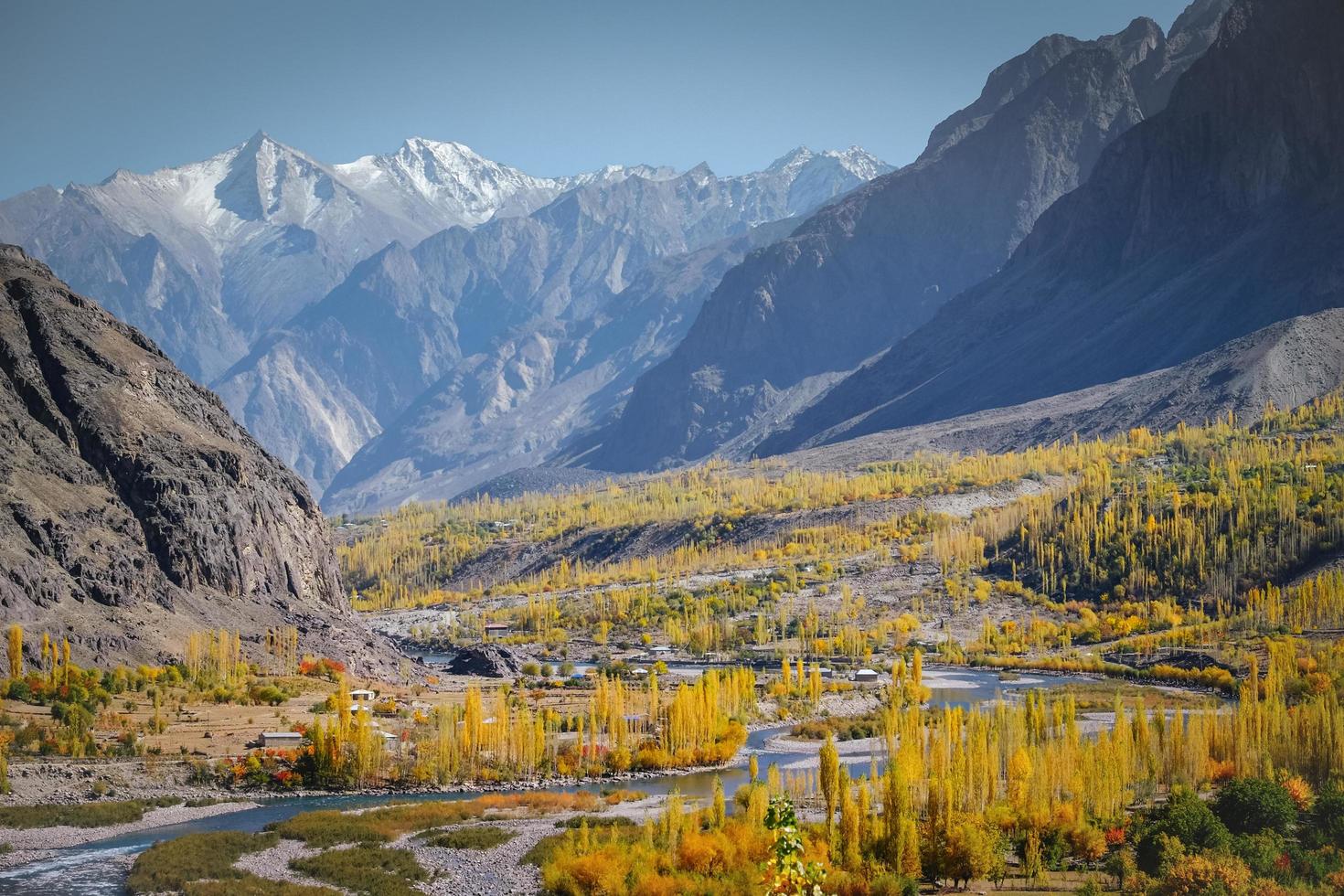 Winding river flowing through mountainous area in autumn photo