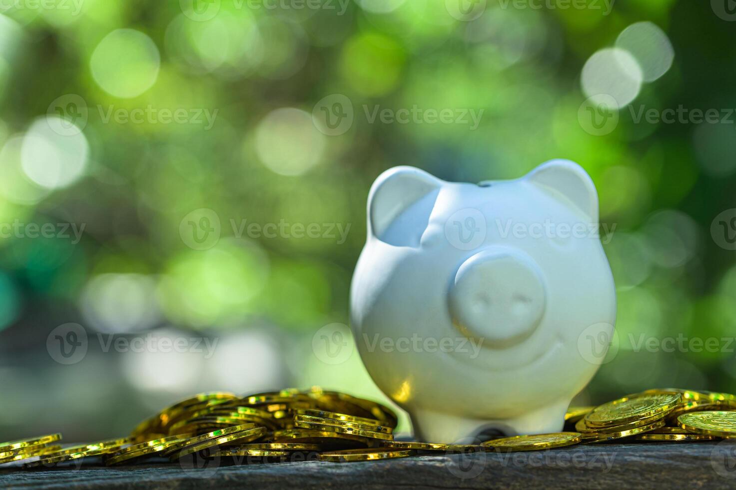 Piggy bank with gold coins on table outside photo
