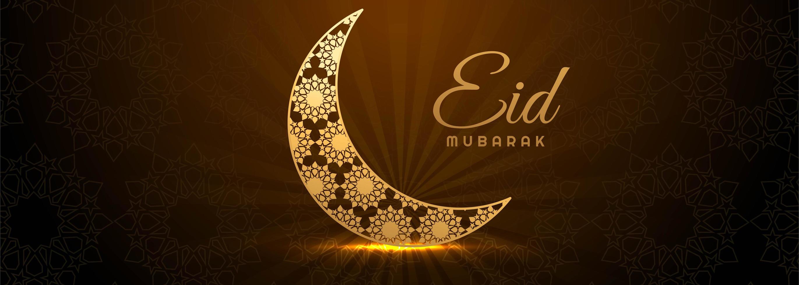 Glowing golden crescent moon Eid Mubarak banner vector