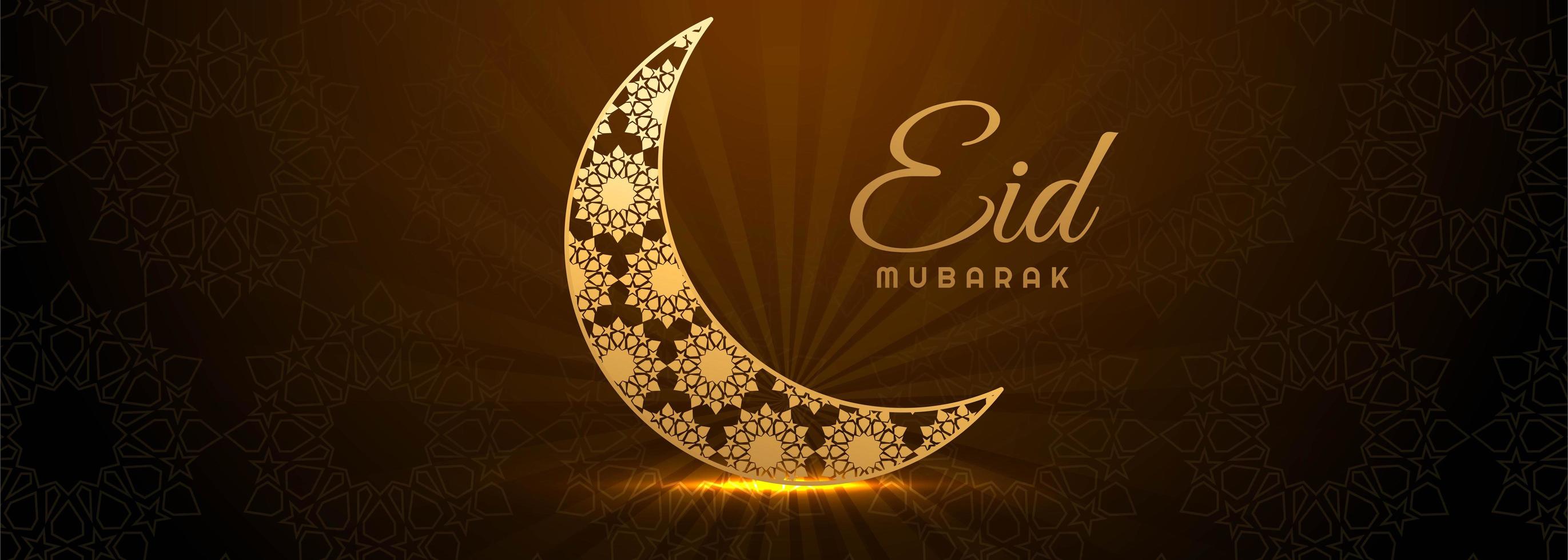 brillante media luna dorada eid mubarak banner vector