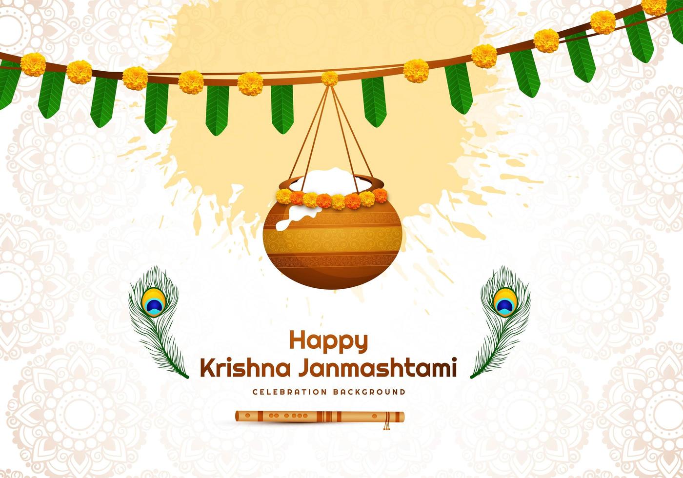 Happy janmashtami design with banner and hanging pot vector