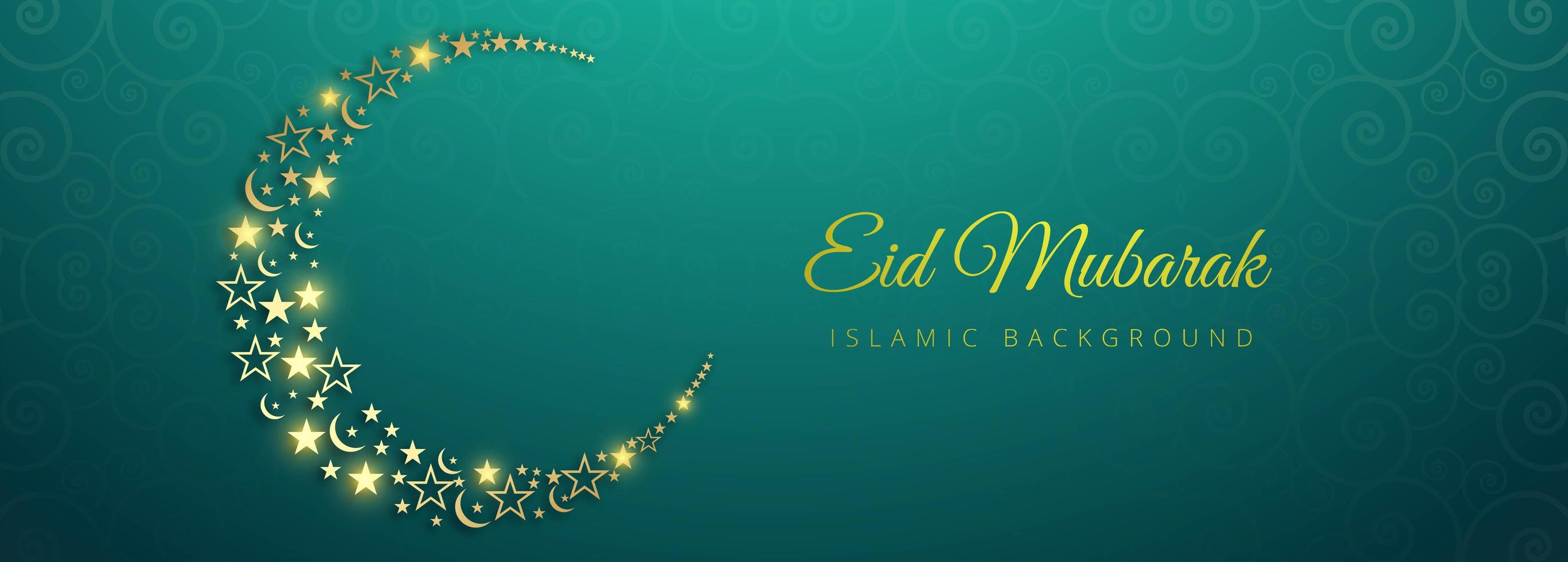 Eid Mubarak glowing golden moon on blue pattern vector