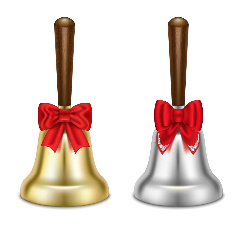 Golden and silver bells with red bows vector