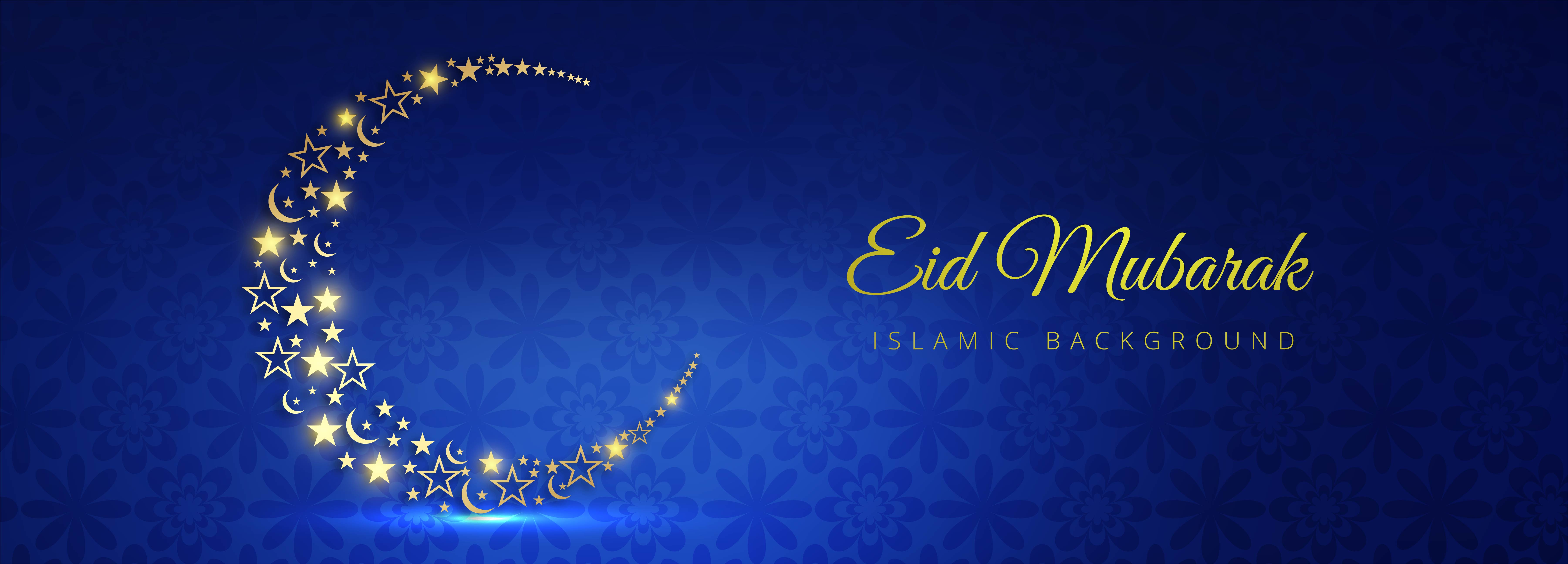 Eid Mubarak Glowing Golden Moon On Blue Pattern 1233203 Vector Art At