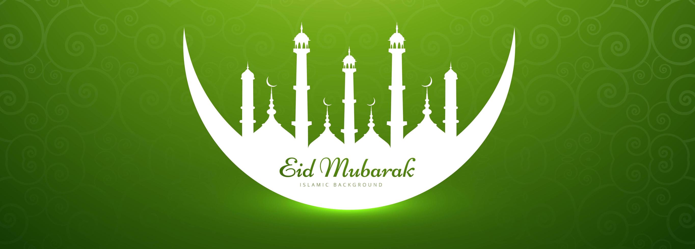 Eid Mubarak banner with mosque in crescent moon silhouette vector