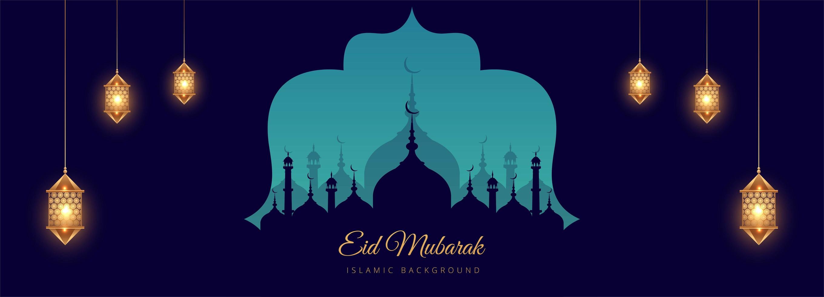 banner de silueta de mezquita azul festival islámico vector