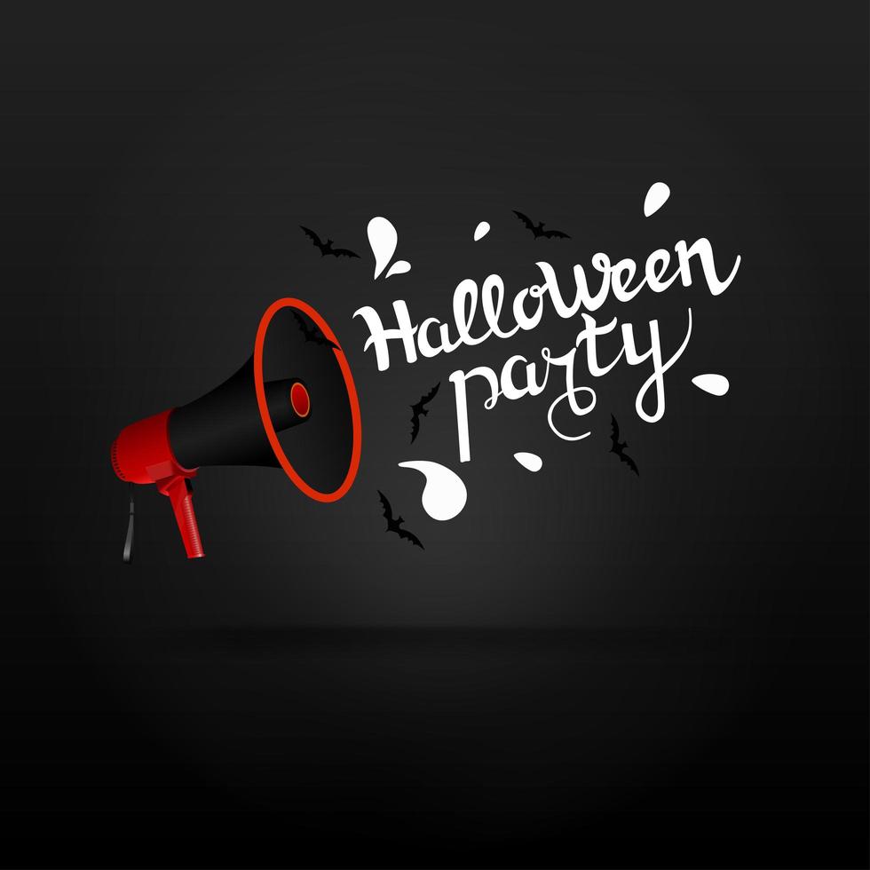 Letras de fiesta de halloween con megáfono y murciélagos vector