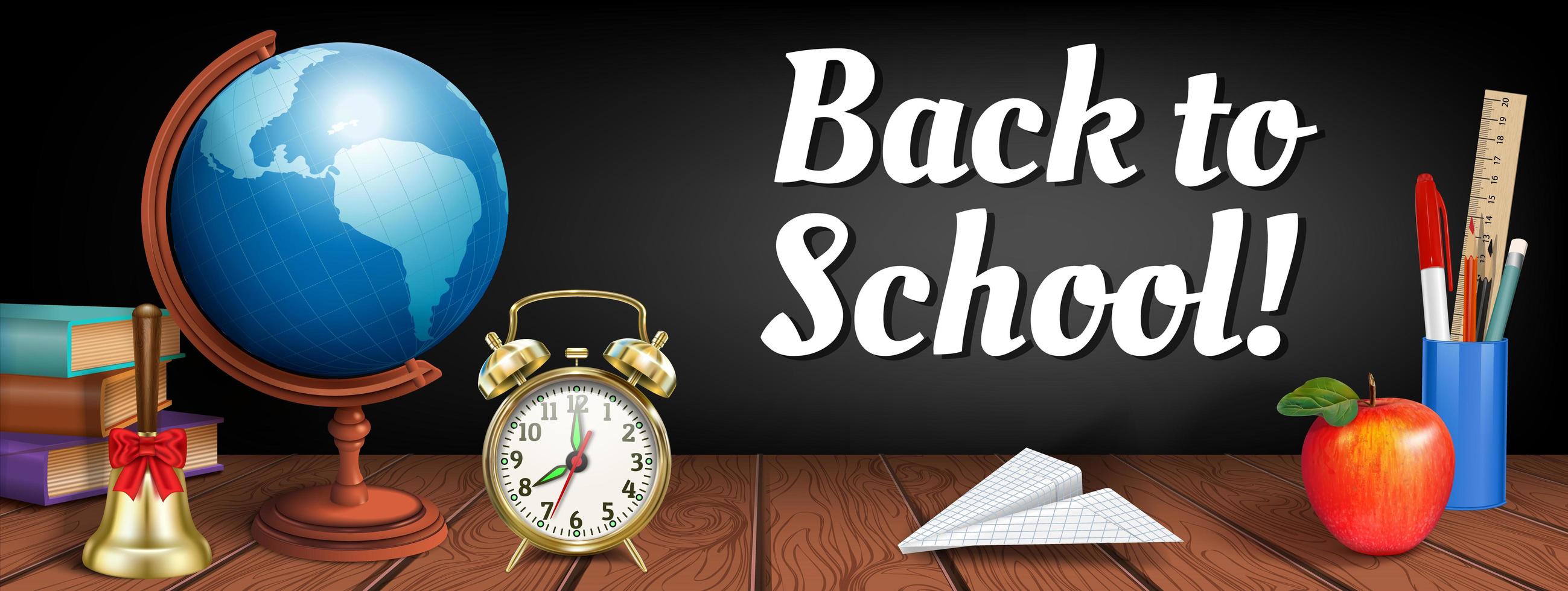 Back to school banner with realistic elements on wood vector