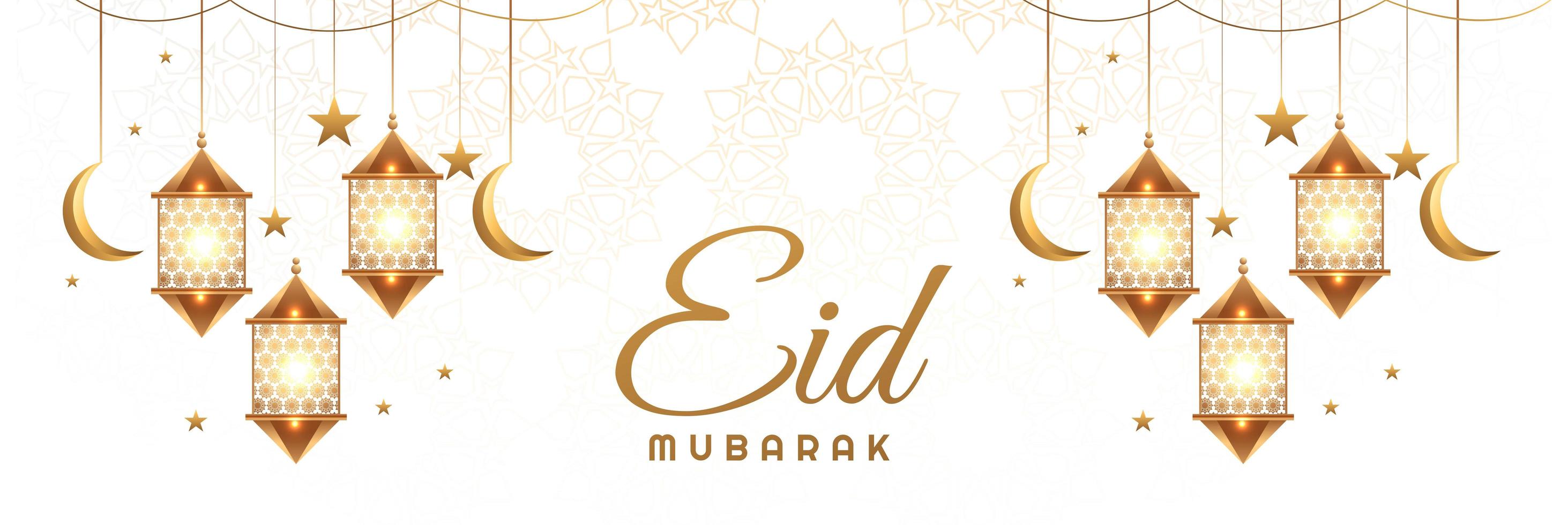 Eid Mubarak banner with hanging lanterns, moons and stars vector