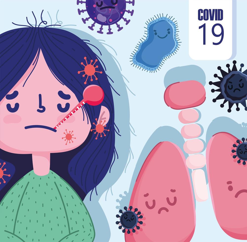 Covid 19 diseño pandémico con niña de dibujos animados enferma vector
