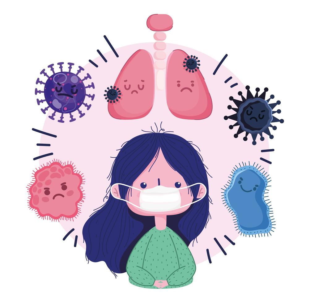 Covid 19 virus pandemic with girl with mask and germs  vector
