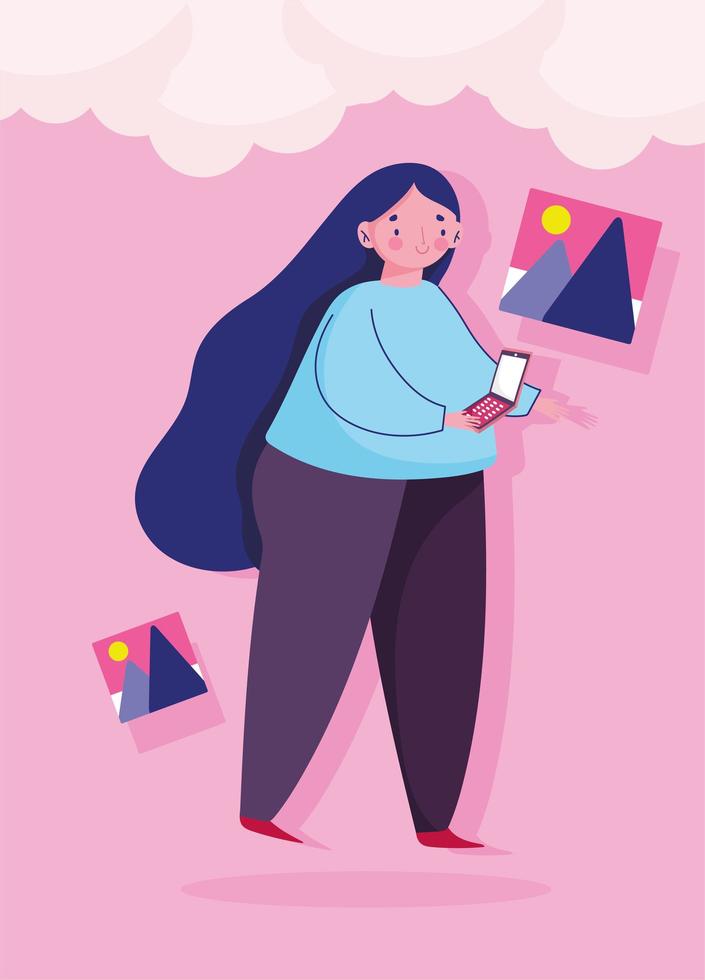 mujer joven con la aplicación de galería de fotos de teléfonos inteligentes vector