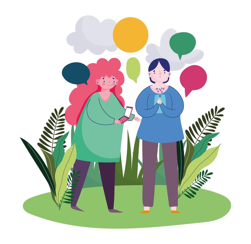 Young Man and Woman Using Smartphone Speech Bubbles vector