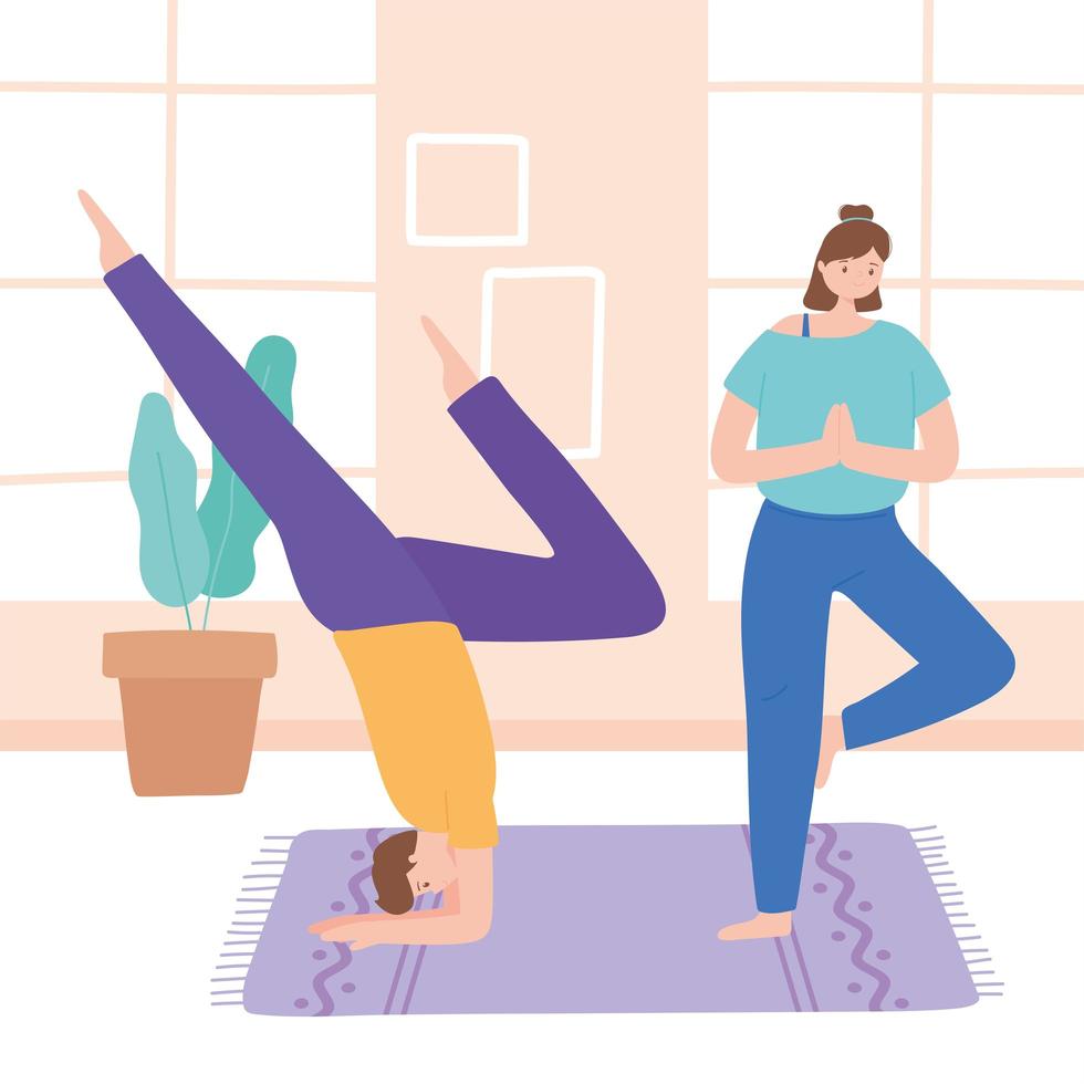 Man, Woman Practicing Different Yoga Poses vector