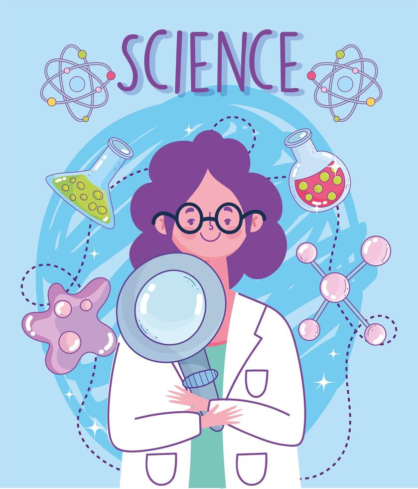 Science Scientist Woman with Magnifier Test Tube Bacteria Atom Research Lab vector