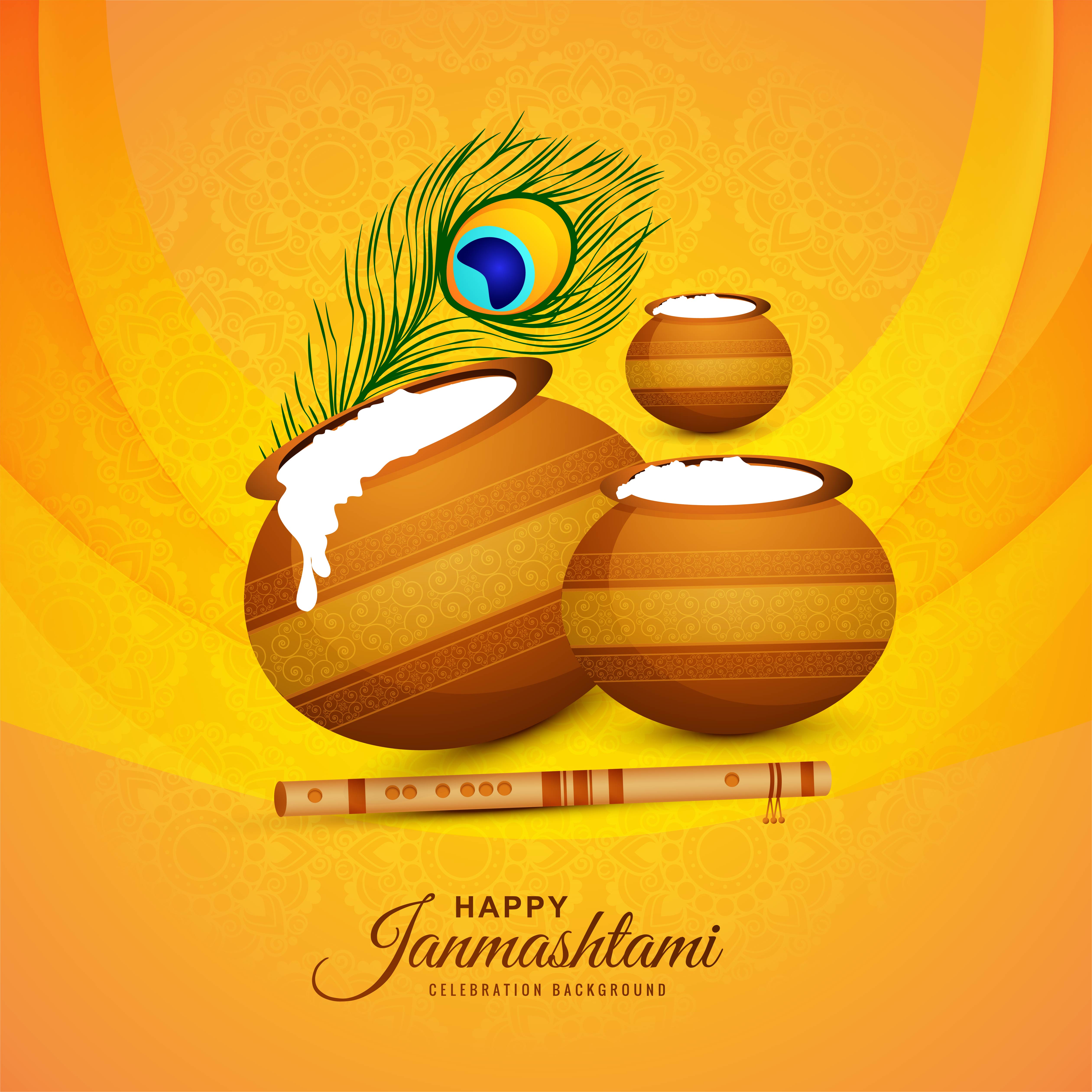 Happy Krishna Janmashtami card with three pots and feather 1233616
