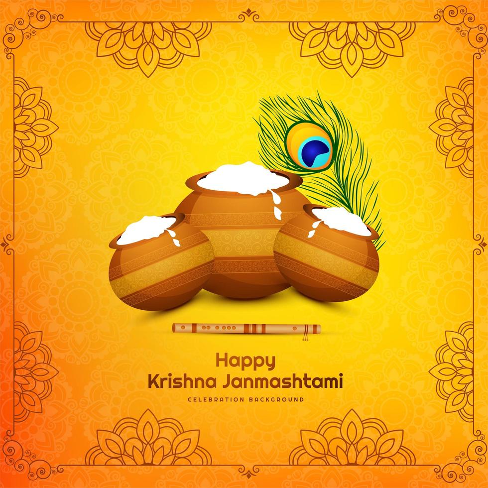 Krishna janmashtami festival card with three pots in elegant frame vector