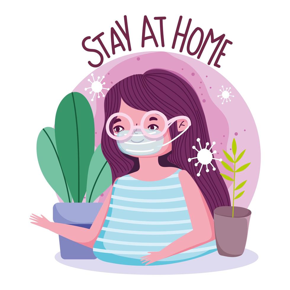 Download Stay at home poster with young woman with mask - Download Free Vectors, Clipart Graphics ...