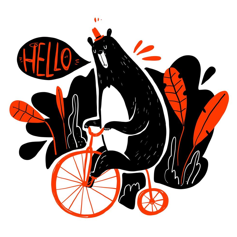 Bear riding a bicycle saying hello vector