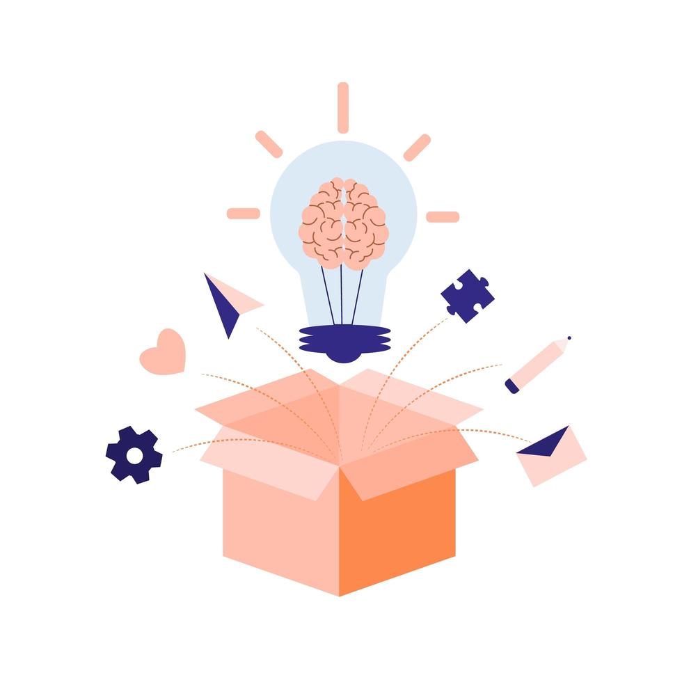 Colorful light bulb with brain over box generates ideas vector