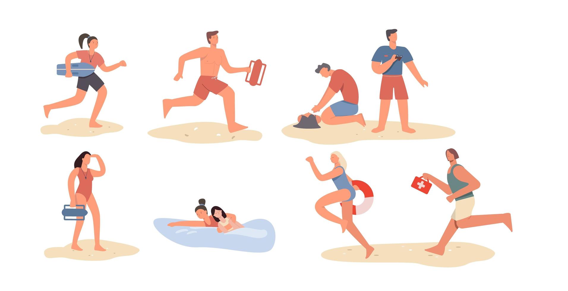 Set of cartoon beach lifeguard people vector